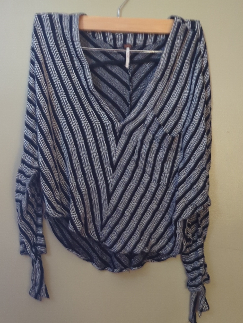 Free People Navy & White Striped V-Neck Tie-Sleeve Blouse